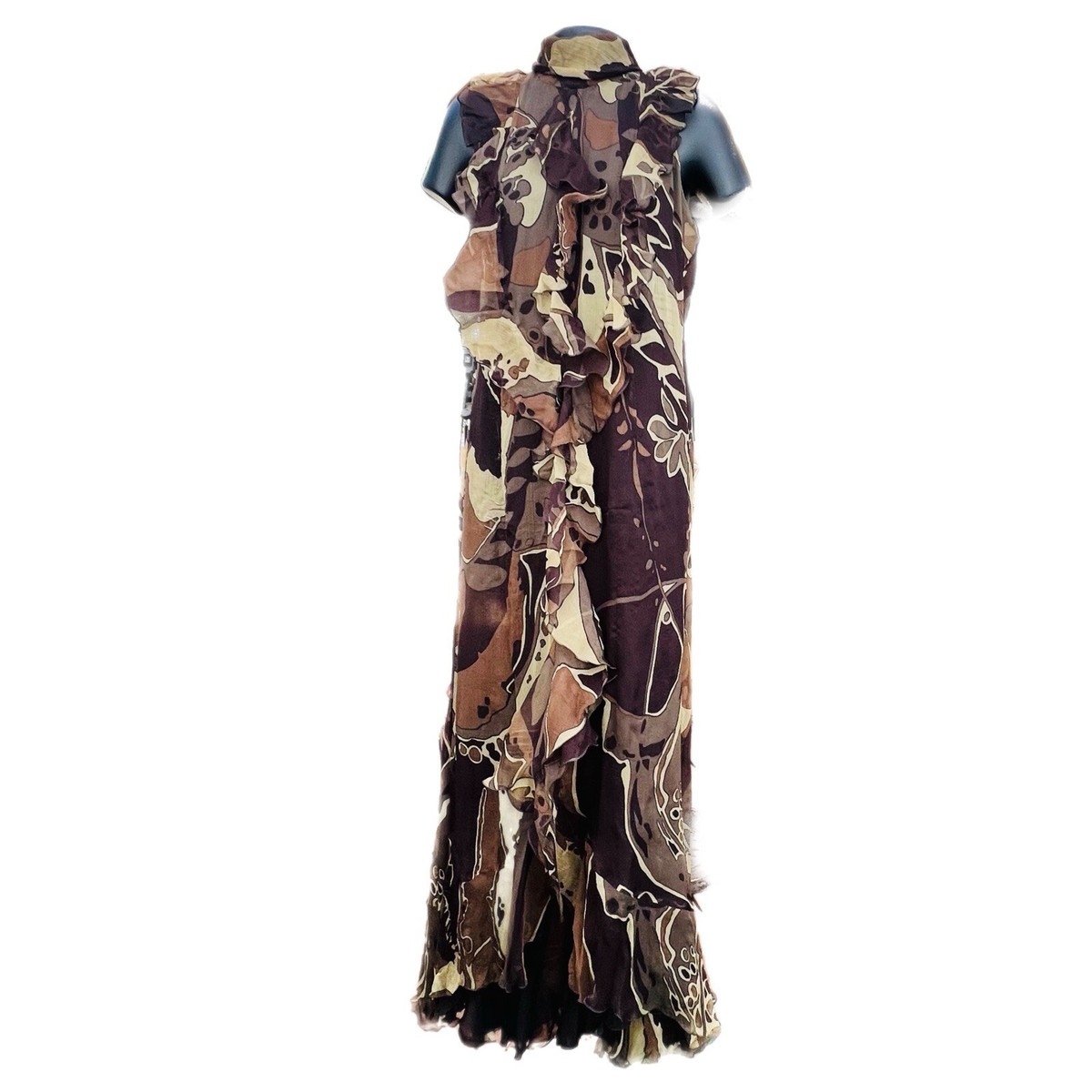Escada Green and Brown Fauna Print Plisse Silk Ruffled Halter Maxi Dress 38 US 8 Escada Green and Brown Fauna Print Plisse Silk Ruffled Halter Maxi Dress 38 US 8