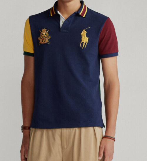 Polo Ralph Lauren Custom Slim Fit Big Pony Navy Gold Crest Block Mesh Polo Shirt thumbnail 4