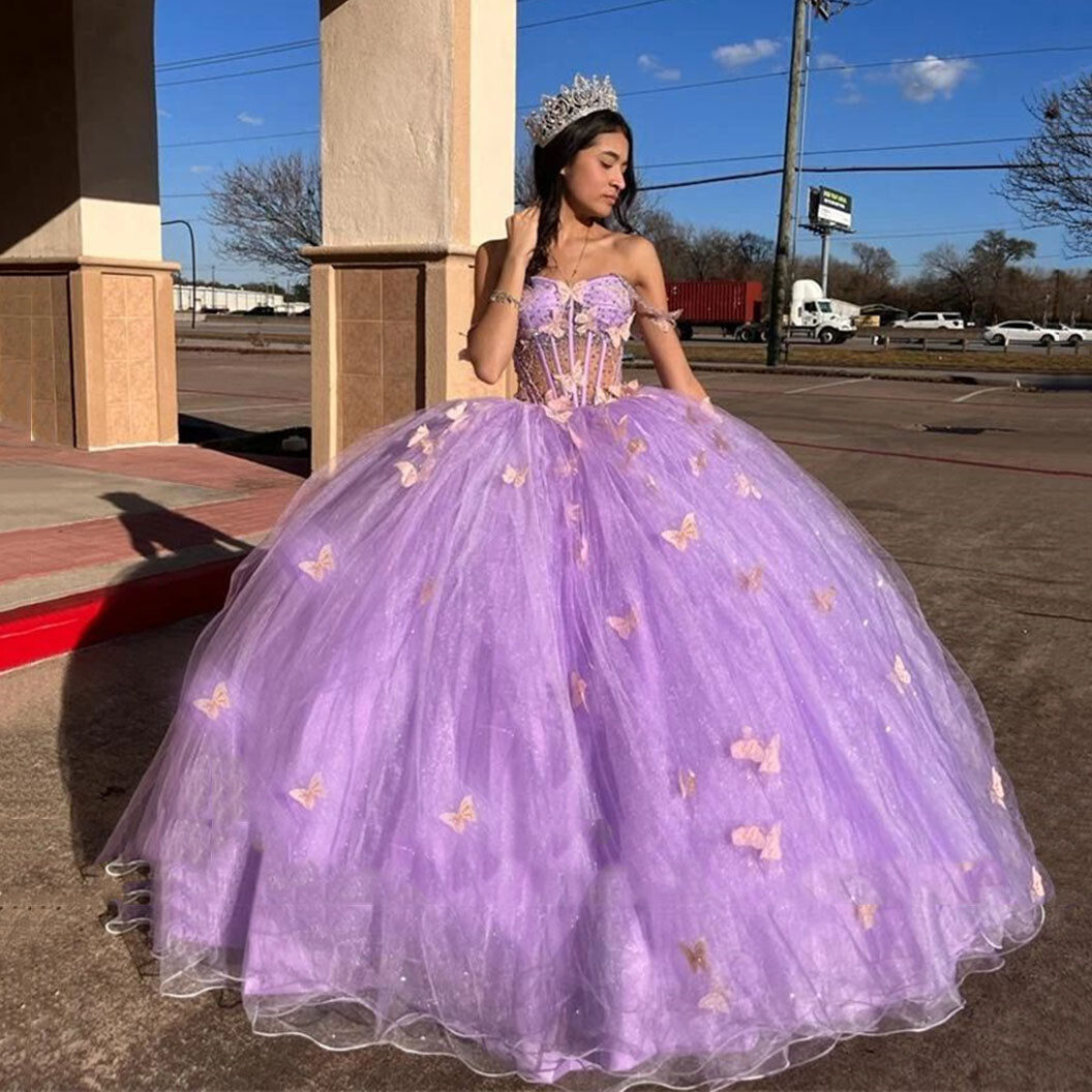 Purple Quinceanera Dresses with 3D Butterfly Sweet 16 15 Prom