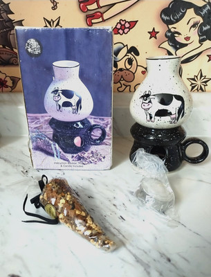 1988 essential oil / incense /potpourri burner 2 pc. ceramic with cow new in box