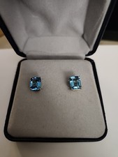 Emerald Cut Blue Topaz Solitaire Stud Earrings 14k Yellow Gold Studs