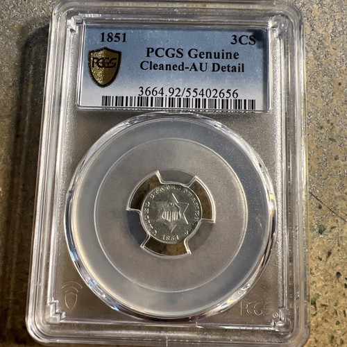 1851 3 Cent Silver Piece Nice PCGS Almost Uncirculated Cleaned J-605 - Picture 1 of 3