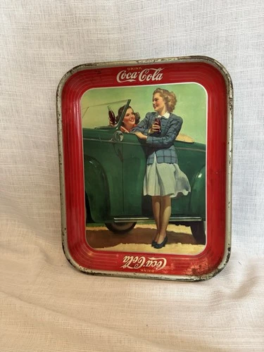Vintage 1942 Two Girls at Car Roadster Coca-Cola Tray Original Coke Serving Tray