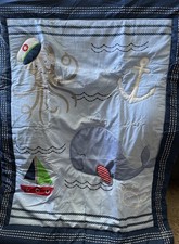 Crib Set Comforter Fitted Sheet And Dust Ruffle Whale Sailboat Nautical Pre Owne