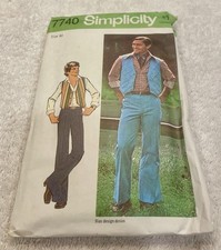 Simplicity 7740 Men's Lined Vest  Bell Bottom Pants Sewing Pattern Size 40 cut