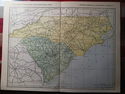 1901 Railroad Map North & South Carolina all Train Route Lines Stations 9x11 