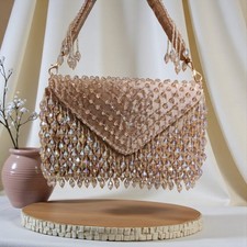 Crystal Beaded Fringe Evening Bag Rhinestone Satin Clutch Handbag Wedding Party