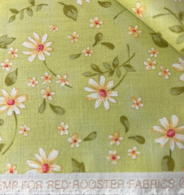 Red Rooster Fabric 100% Cotton Green with Daisy Design - 1 Yard