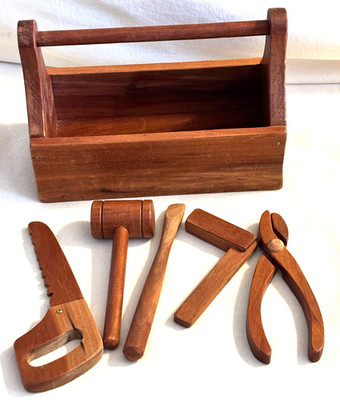 Handcrafted Kids Wooden Tool Set With 5 Tools & Box Hammer Saw Plyers