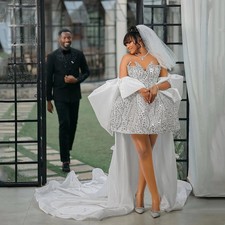 Luxury Short Wedding Dresses for Bride with Cape Corset Crystal Sequins V Neck