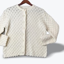 Preppy Cable Knit Button Front Cardigan Cream Diamond Pattern Sweater Vintage