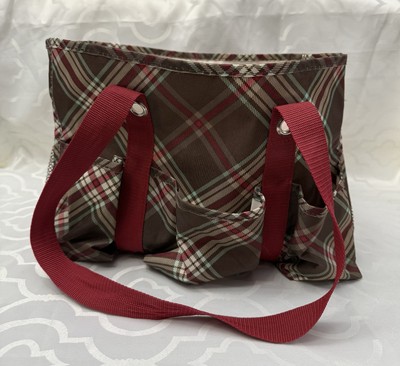 THIRTY-ONE Brown Maroon Plaid Organizing Utility Tote No Zipper 7 Outer Pockets
