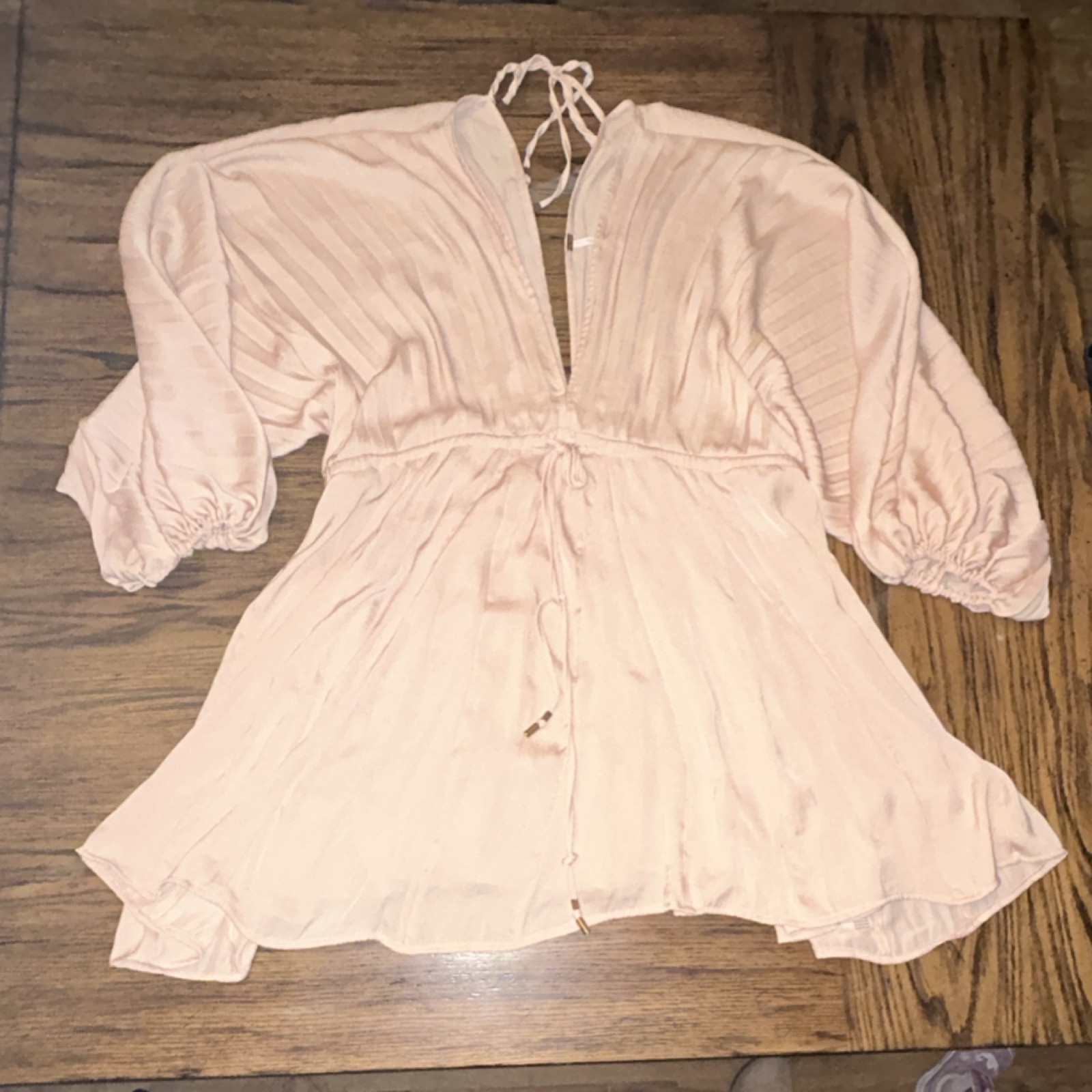 Free People Light Pink Pleated Balloon Sleeve V-Neck Women's Tunic Dress Size S