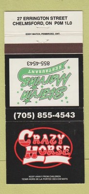 Matchbook Cover - Crazy Horse Starvin Marvin Chelmsford ON 30 Strike