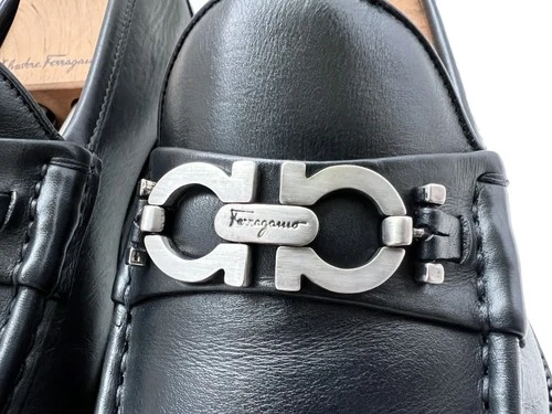 $995 Salvatore Ferragamo Mens GENEVA Black Shoes Gancini Silver Bit Loafers 9 D