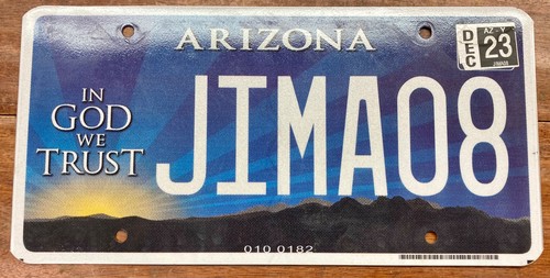 FAIRLY NICE 2020 BASE ARIZONA "IN GOD WE TRUST" VANITY LICENSE PLATE, JIM A 08