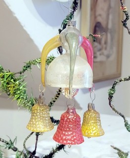 Bright Bells hanging from Globe. Fantasy Style. 1920s German Glass Ornament