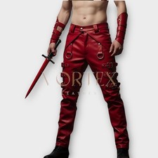 Men’s Red Genuine Lambskin Leather Gothic Pants – Handmade Biker Trousers