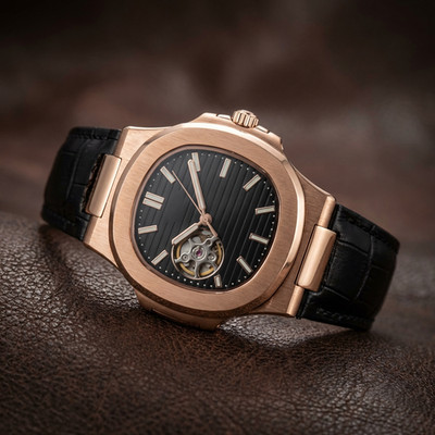 Custom Raynor Rose Gold Automatic Open Heart Watch Black Dial Leather Strap