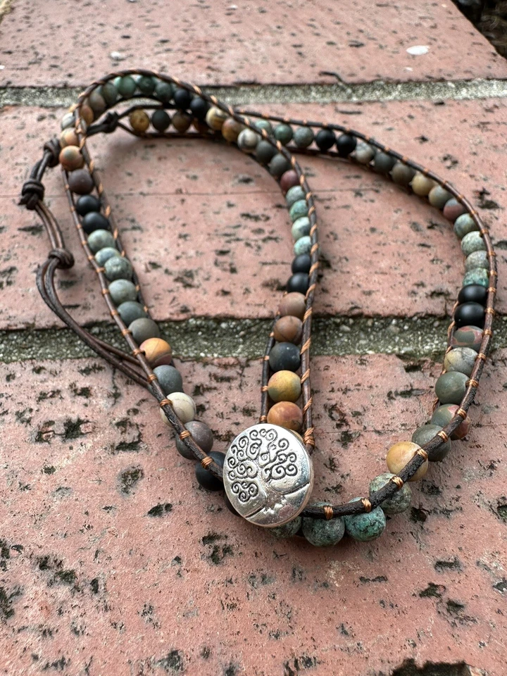 High Quality Natural Handmade Stone Bracelet  Leather Wrap Multy Color Stone Foto 2 de 4