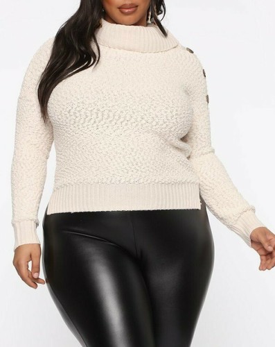Turtleneck Ribbed Button Cream Luxe 