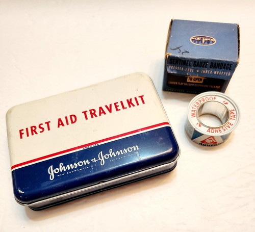 Vintage Johnson & Johnson First Aid Kit Metal Box With Bandaids Gauze And More! - Picture 9 of 10