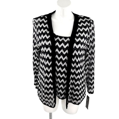 NWT PERCEPTIONS 2 PC TANK CARDI JACKET SET BLACK WHITE ZIG ZAG - 14W - Picture 2 of 8
