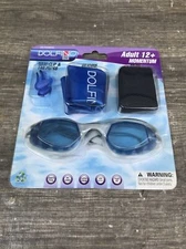 Dolfino brand Adult 12+ Momentum swim goggle set w Cap, Plugs, Carry Bag