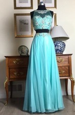 Women's Formal Illusion two piece rhinestone embroidery prom dress