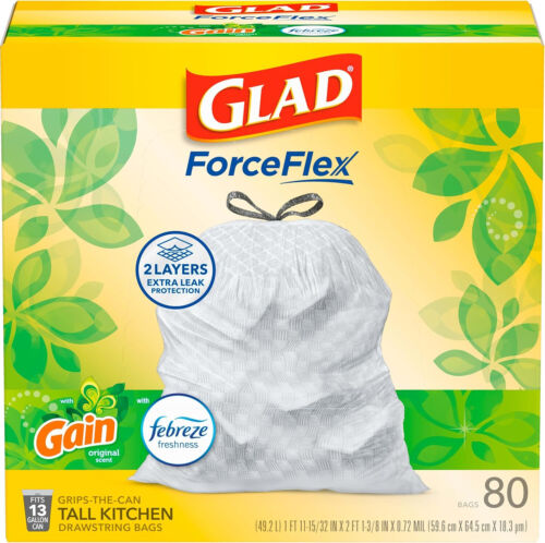 Glad ForceFlex Tall Kitchen Drawstring Trash Bags, 13 Gallon, Gain Original
