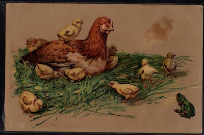 Carte Gaufrée - Fantaisie - Fillette nourrissant une poule et ses