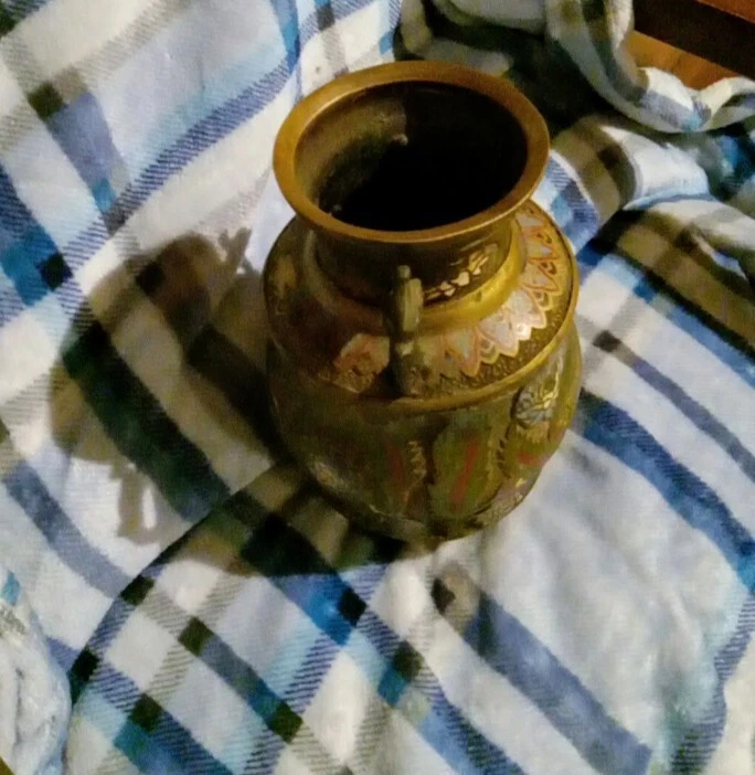 Asian Vase Antique Bronze/Brass Enamel Paint 12 In Tall - Image 2 of 3