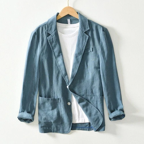 Mens Business Casual Suit Cotton Linen Coat Two Button Jacket Spring Summer - Picture 2 of 25