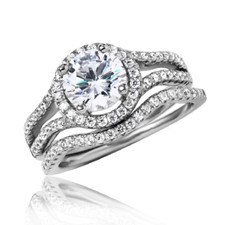 Sterling Silver Engagement Wedding Halo CZ Ring Set w/ 7 mm 1.25 ct Center CZ