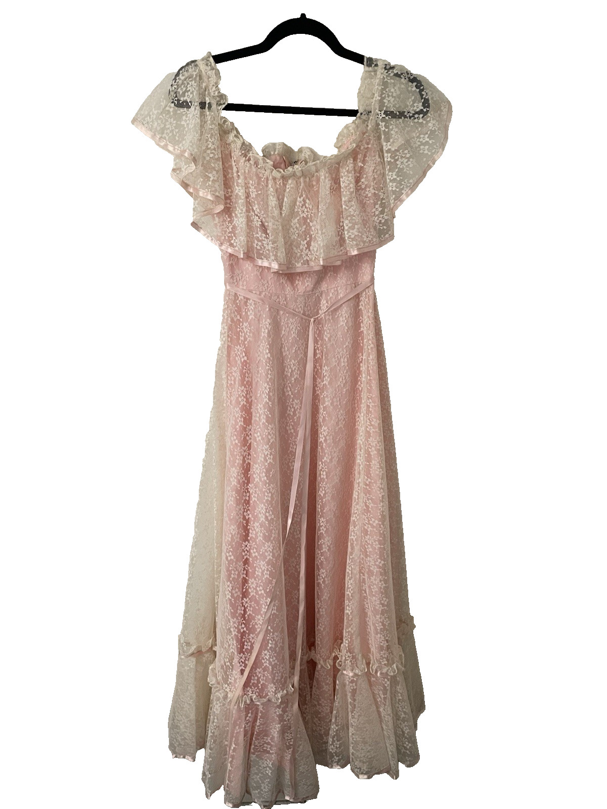 Vintage 70s Lorrie Deb San Francisco Pink Lace Prairie Wedding Dress Gown maxi 