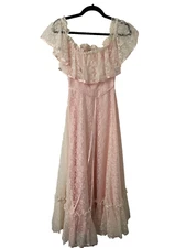Vintage 70s Lorrie Deb San Francisco Pink Lace Prairie Wedding Dress Gown maxi 