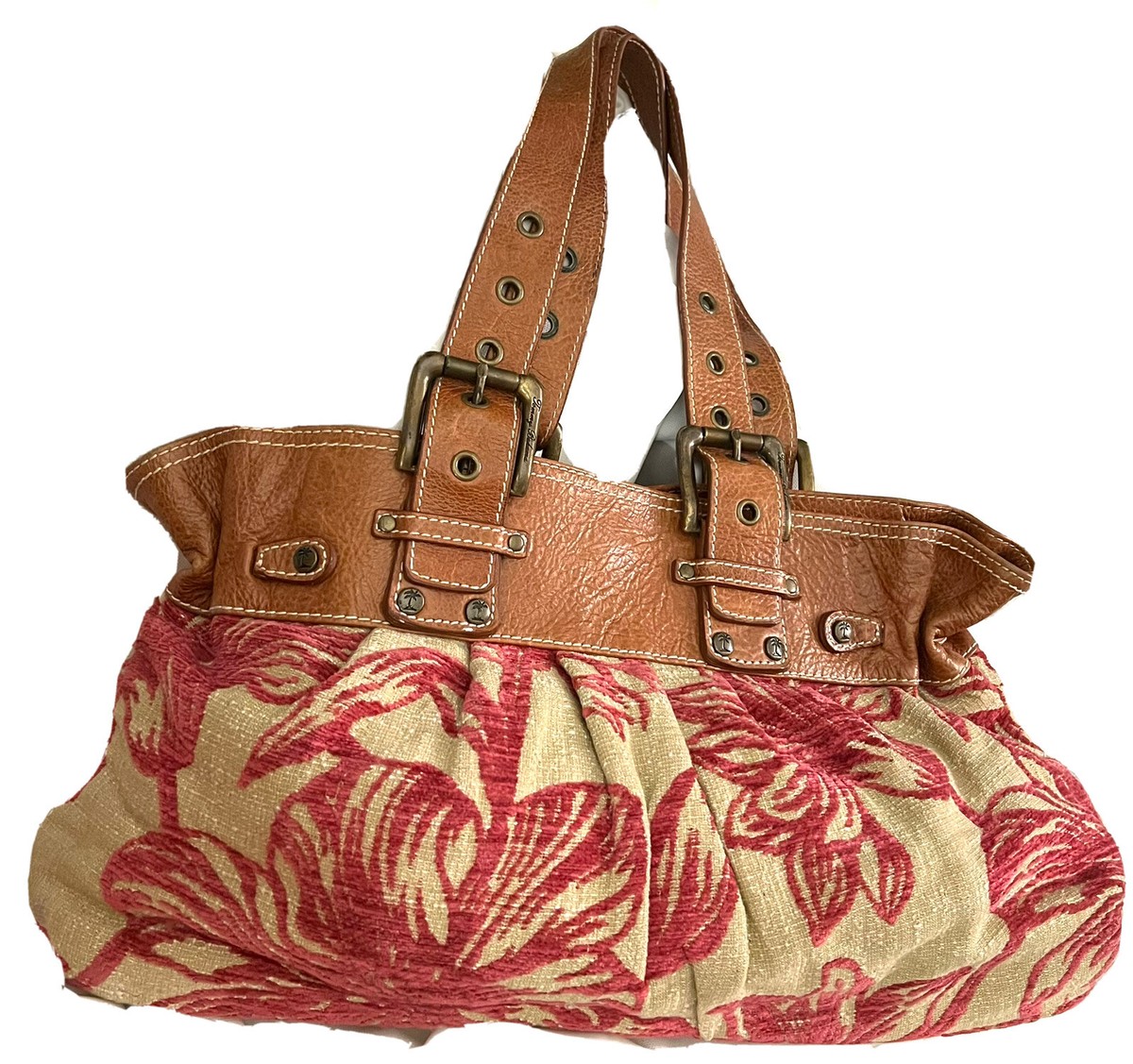 FLORAL TOMMY BAHAMA SHOULDER TOTE BAG BROWN LEATHER TRIM MAGNETIC CLOSURE