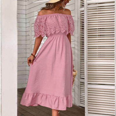 Damen Spitze Schulterfrei Kleid Midi Gerüscht Swing A-Linie Party Freizeit DE