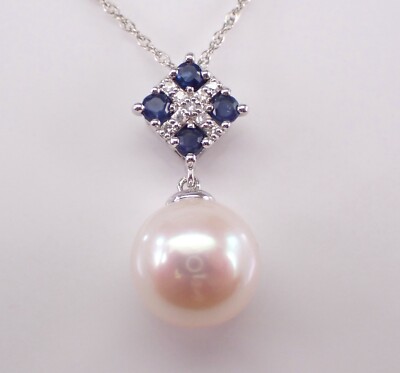 White Gold Pearl Sapphire and Diamond Necklace Charm Pendant Chain