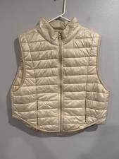 Joylab Quilted High-Pile Vest Women XL Beige Nylon Insulated Sleeveless Full Zip