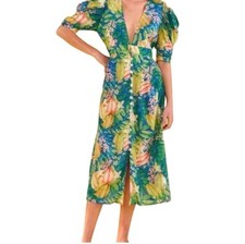 Farm Rio Women’s Midi Dress Star Fruits Puff Sleeve Tropical Blue V Neck Size S