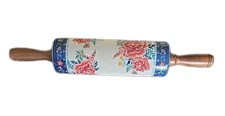 Pioneer Woman ~ Stoneware Rolling Pin ~ KEEPSAKE FLORAL ~ Acacia Wood Handles