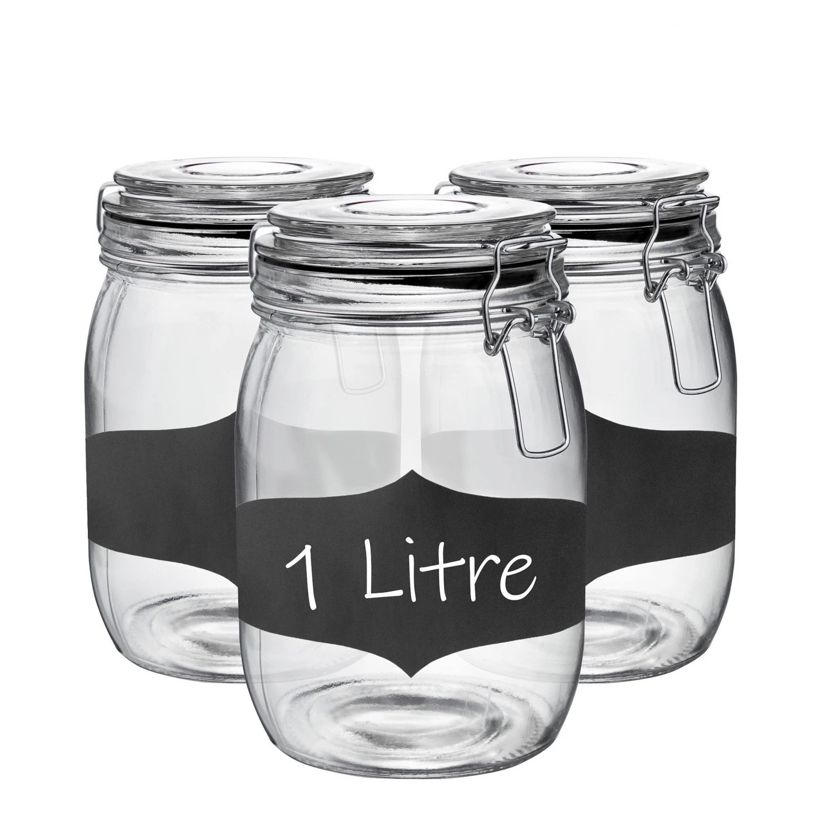 6x Glass Storage Jars Airtight Clip Lid Chalkboard Stickers 1L Set Black Seal