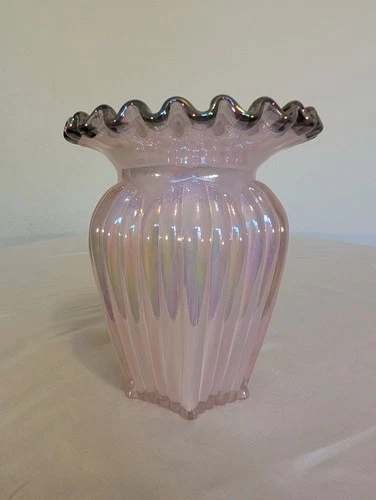 Fenton Glass Pink Vase With Gray Trim