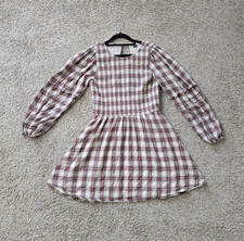American Eagle Outfitters Maroon/Ivory Cotton Plaid Smocked Puff Sleeve Dress M