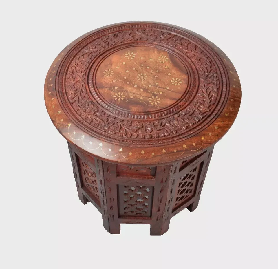Indian Sheesham Wood Hand Carved Folding Side Coffee Table Restaurant Furniture - Image 2 of 4