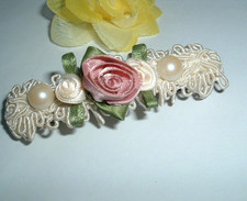 PINK SATIN ROSE AND WHITE PEARL 3.5" HAIR BARRETTE