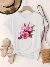 Women's Floral Print Round Neck Short Sleeve T-Shirt Ladies Fashion Pullover  