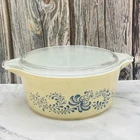 Vintage Pyrex 475-B Casserole 2.5 QT Homestead Beige Blue Floral Scroll w/ Lid