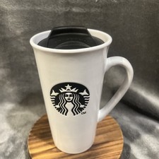 Starbucks 2013 Tall Coffee Mug with Lid White Ceramic Black Mermaid Logo 16 Oz